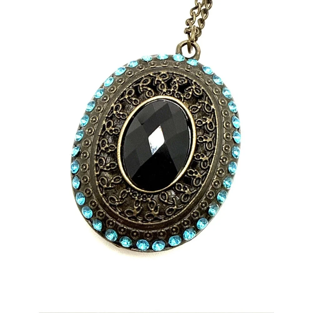 Vintage Victorian Revival Pendant Necklace Black Blue Rhinestones 28
